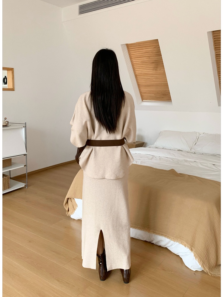 High waist slim belt all-match sweater 2pcs set