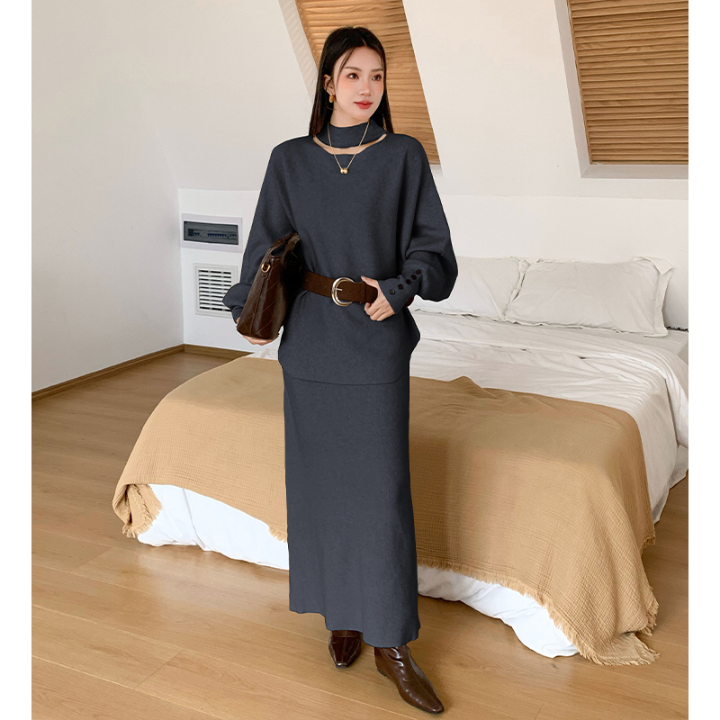 High waist slim belt all-match sweater 2pcs set