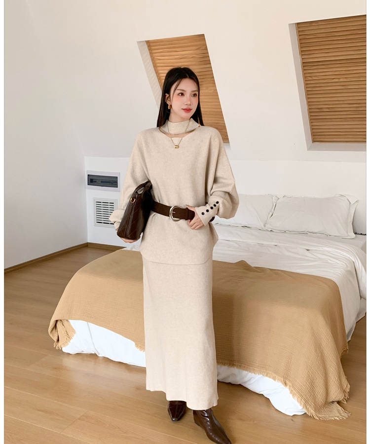 High waist slim belt all-match sweater 2pcs set