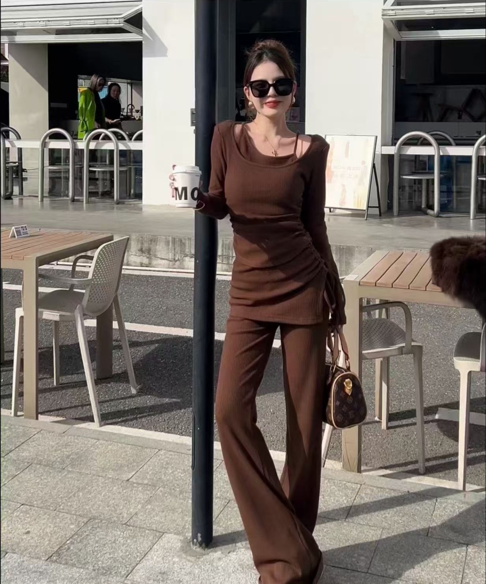 Hollow autumn and winter tops knitted pants 2pcs set