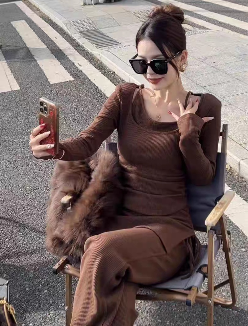 Hollow autumn and winter tops knitted pants 2pcs set