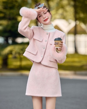 Temperament plus cotton ladies pink short skirt 2pcs set