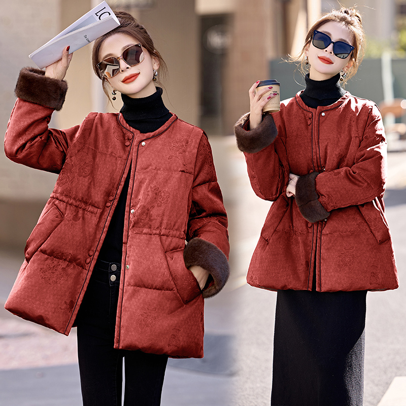 Long retro down coat pinched waist coat for women