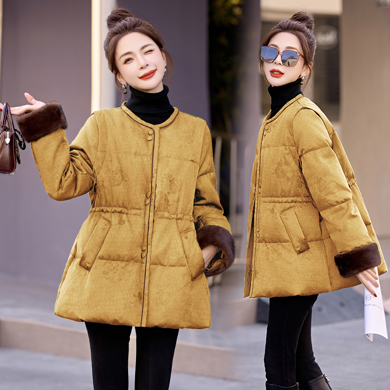 Long retro down coat pinched waist coat for women