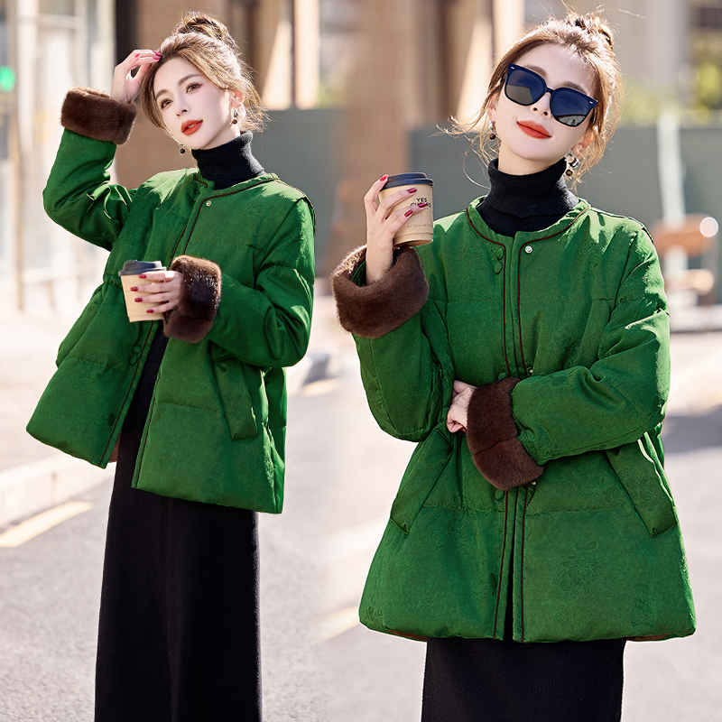 Long retro down coat pinched waist coat for women