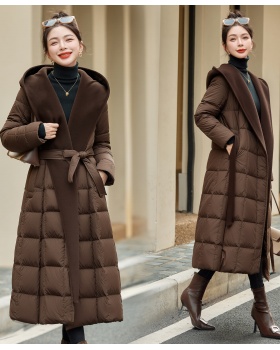 White splice winter overcoat long cashmere hooded down coat