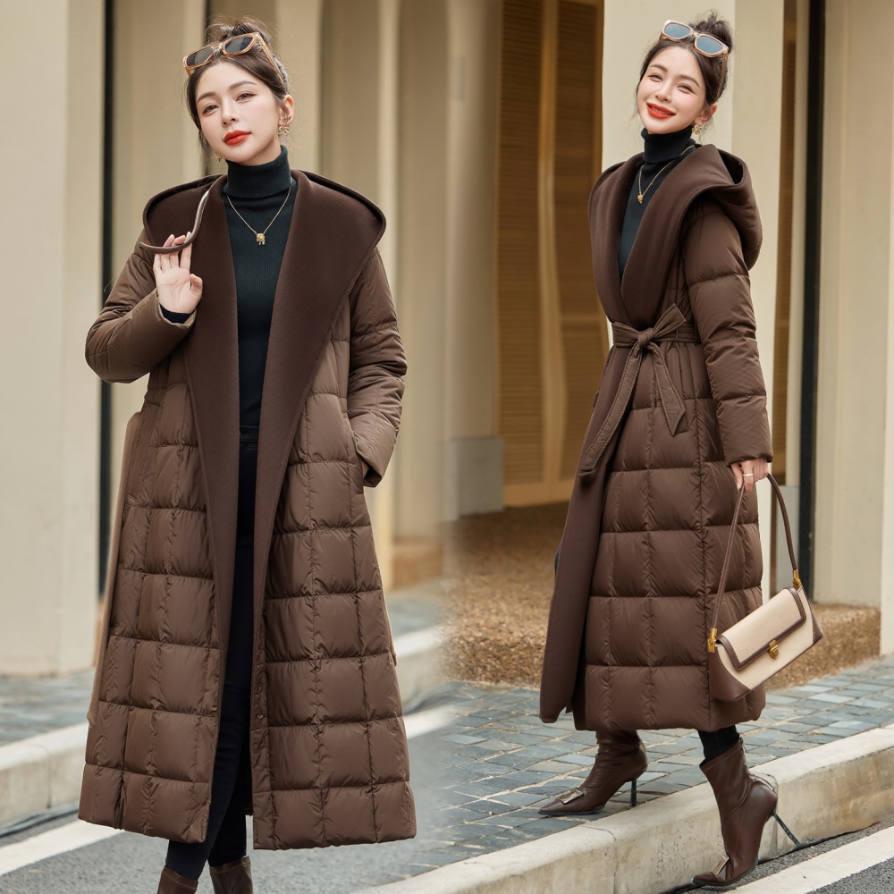 White splice winter overcoat long cashmere hooded down coat