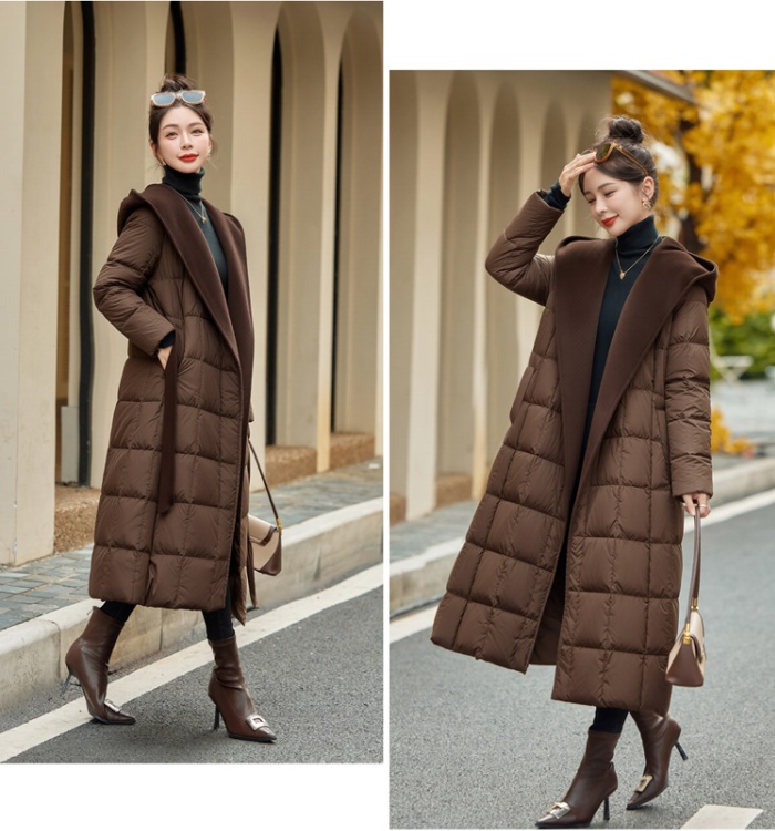 White splice winter overcoat long cashmere hooded down coat