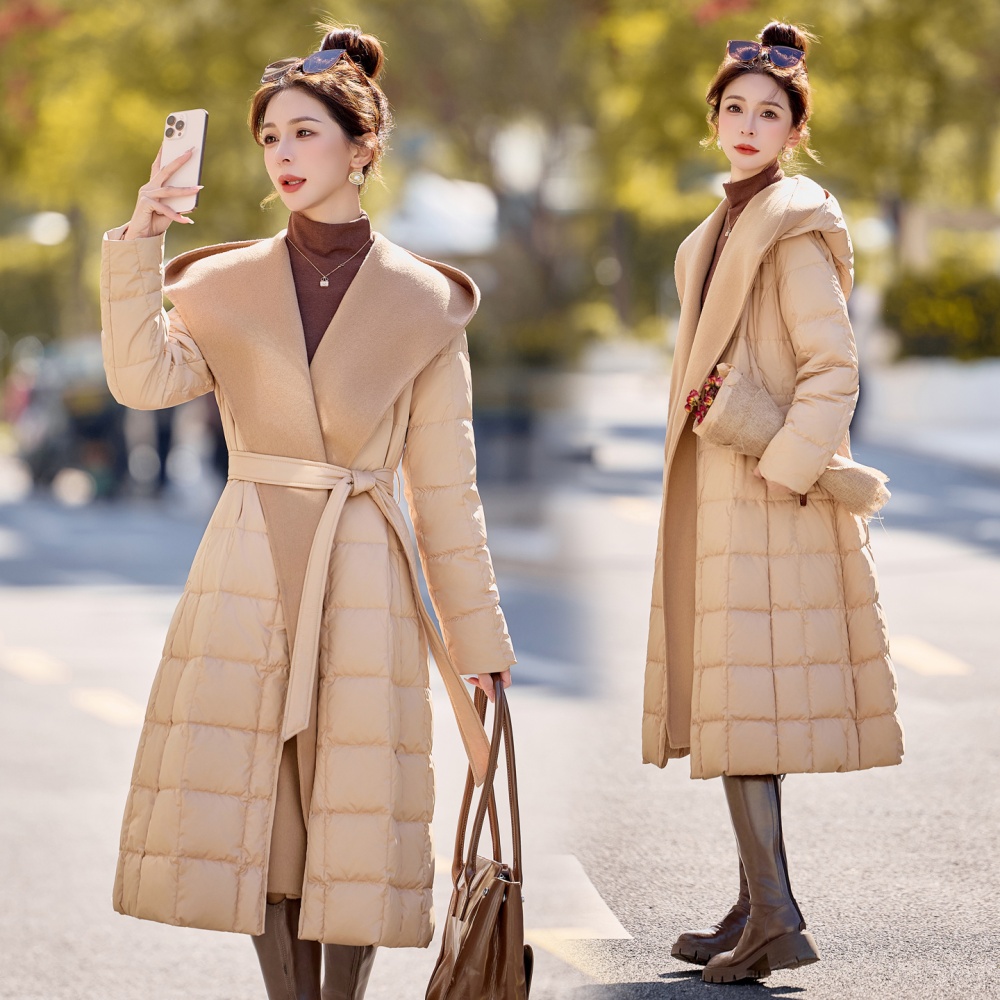 White splice winter overcoat long cashmere hooded down coat