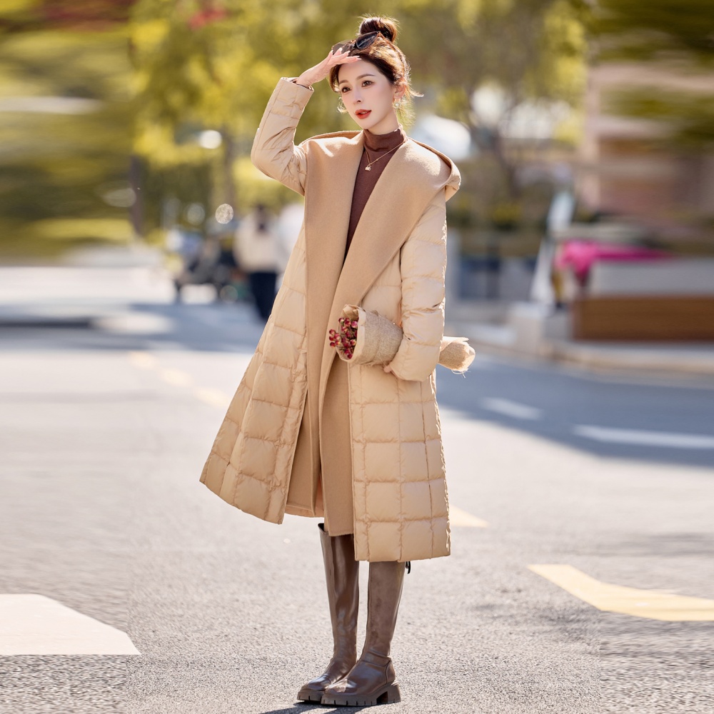 White splice winter overcoat long cashmere hooded down coat