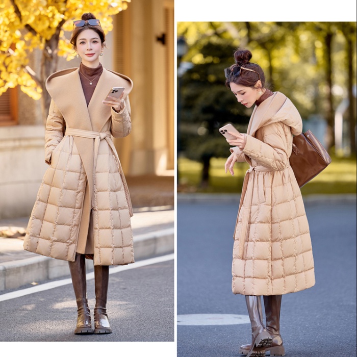 White splice winter overcoat long cashmere hooded down coat