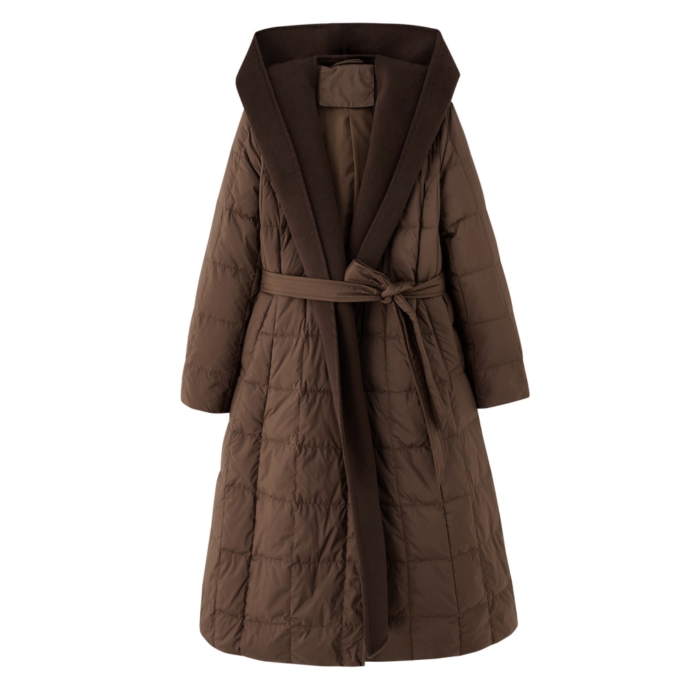 White splice winter overcoat long cashmere hooded down coat