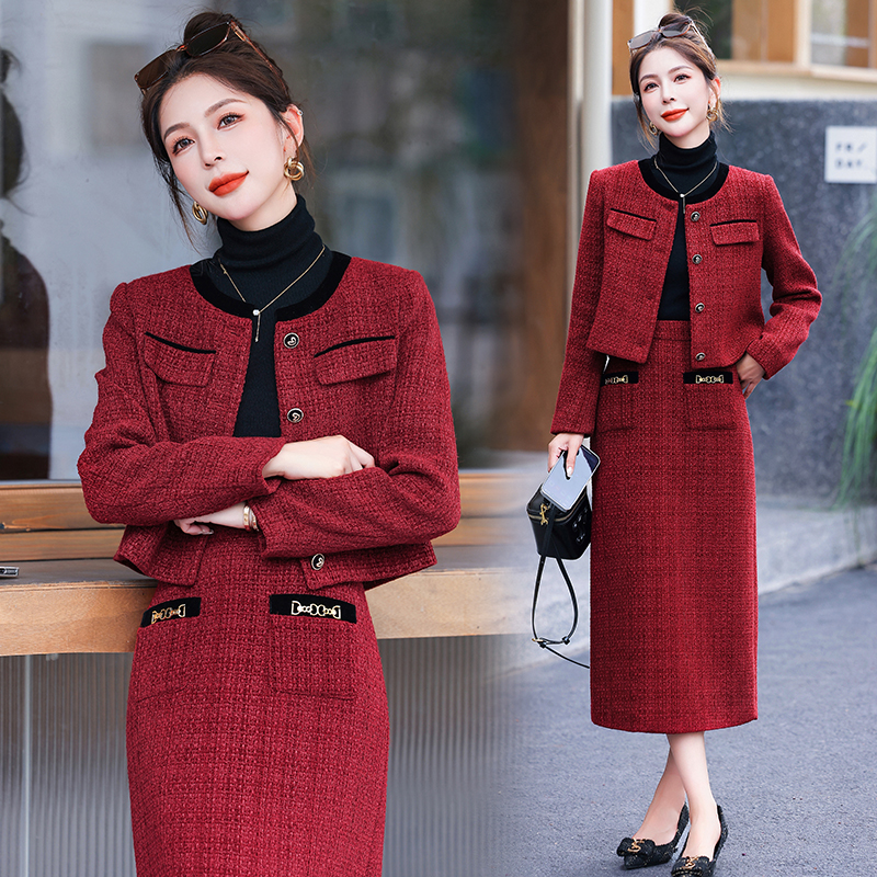 Woolen jacket temperament short skirt 2pcs set