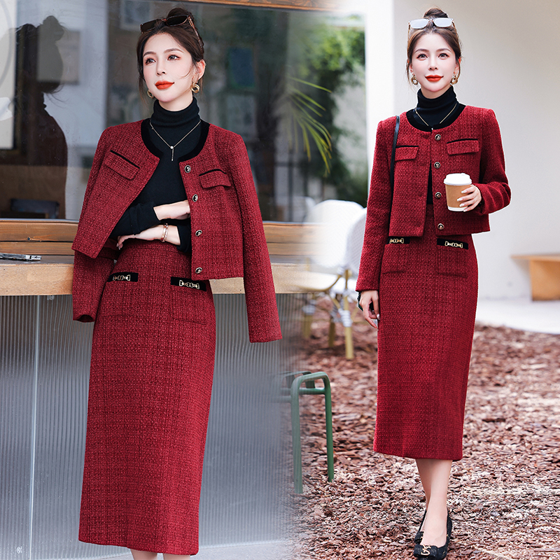 Woolen jacket temperament short skirt 2pcs set