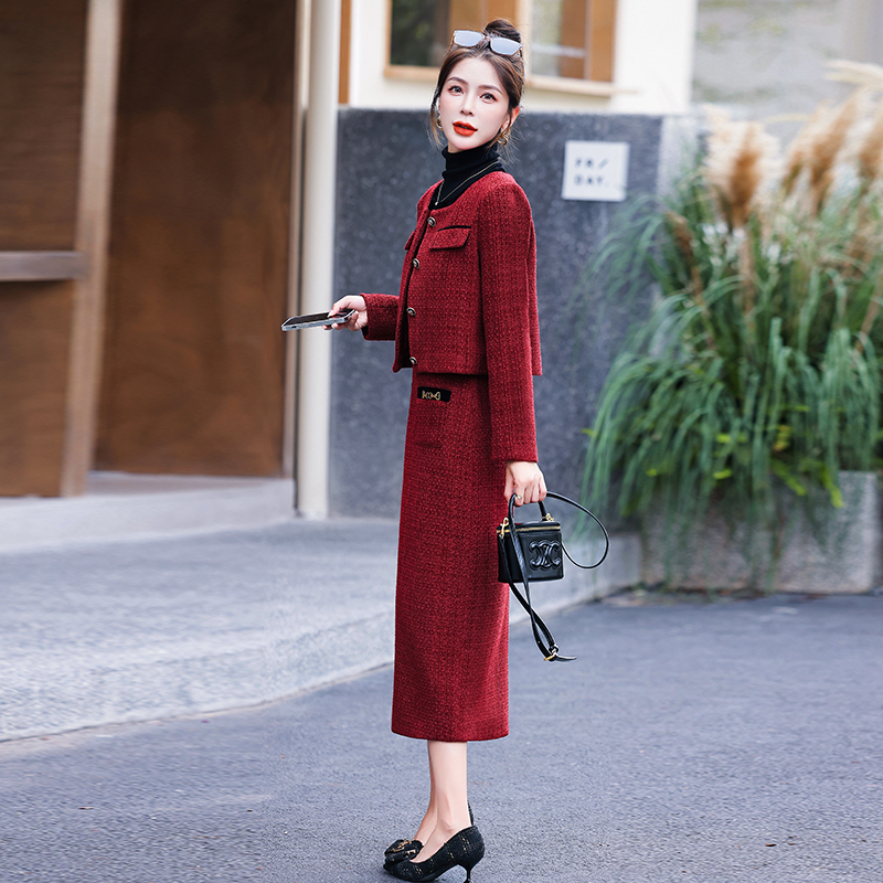 Woolen jacket temperament short skirt 2pcs set