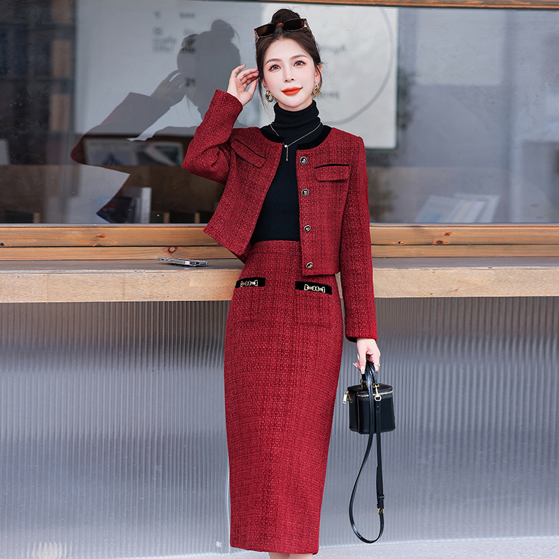 Woolen jacket temperament short skirt 2pcs set