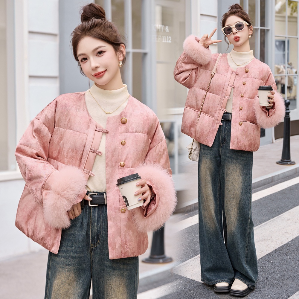 Fox fur pink coat short down coat for women