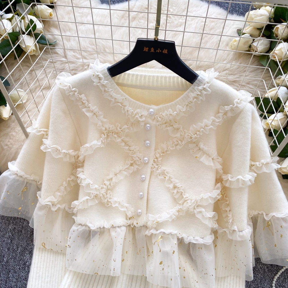 Lace knitted cloak autumn cardigan 2pcs set for women