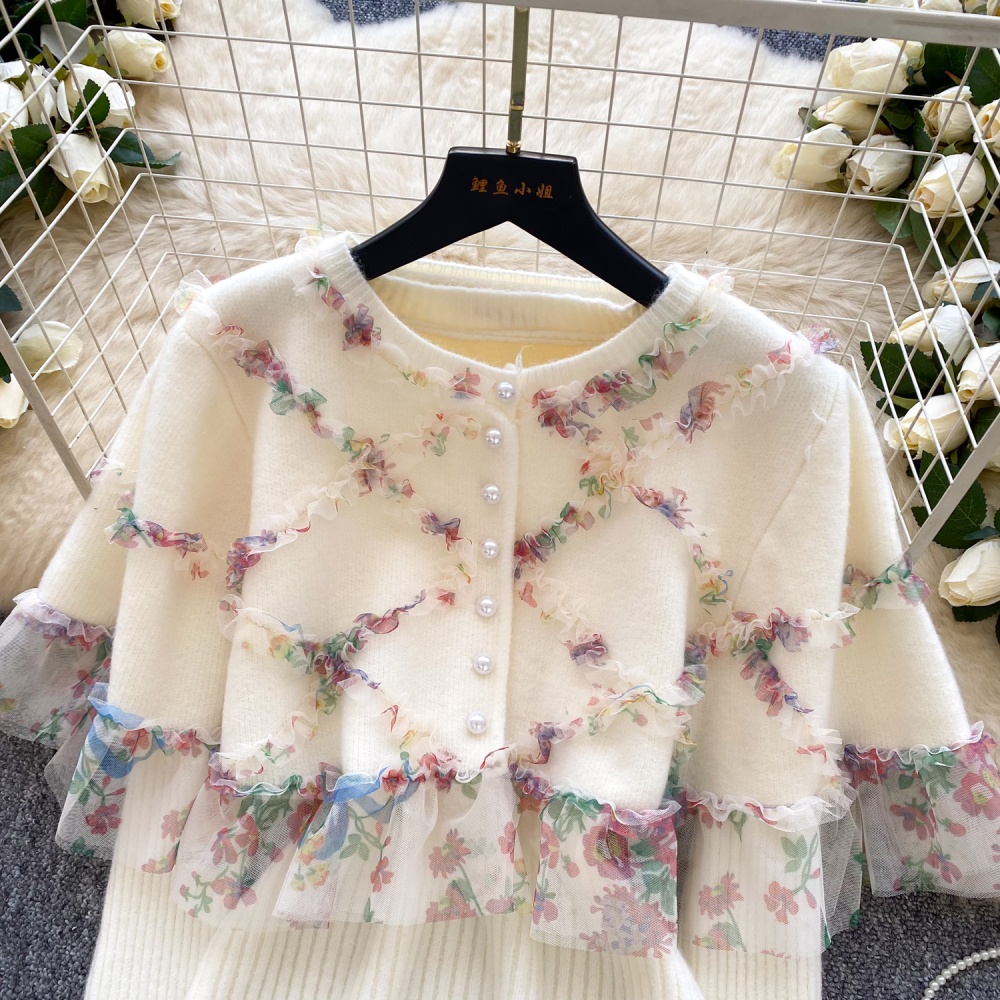 Lace knitted cloak autumn cardigan 2pcs set for women