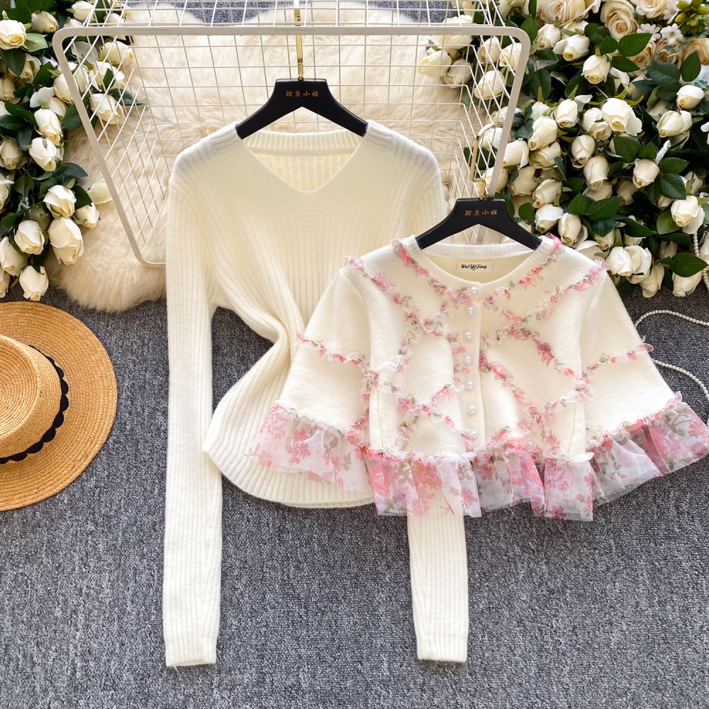 Lace knitted cloak autumn cardigan 2pcs set for women