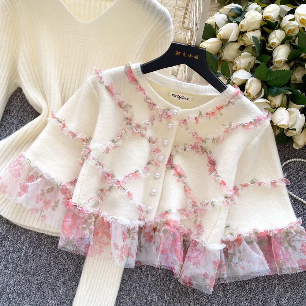 Lace knitted cloak autumn cardigan 2pcs set for women