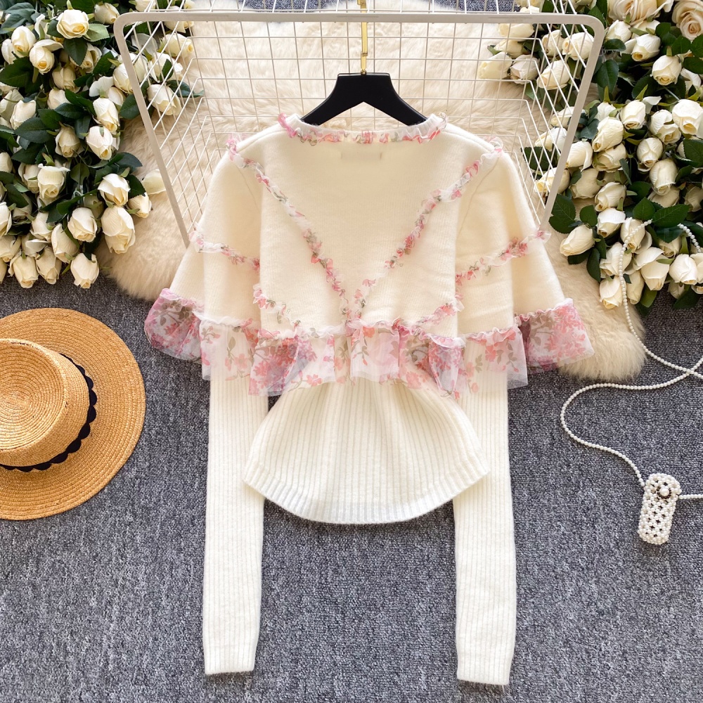 Lace knitted cloak autumn cardigan 2pcs set for women