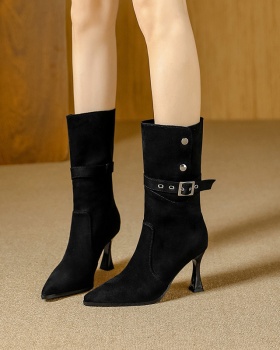 High-heeled wear half Boots denim fine-root boots for women