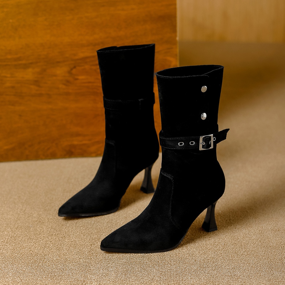 High-heeled wear half Boots denim fine-root boots for women