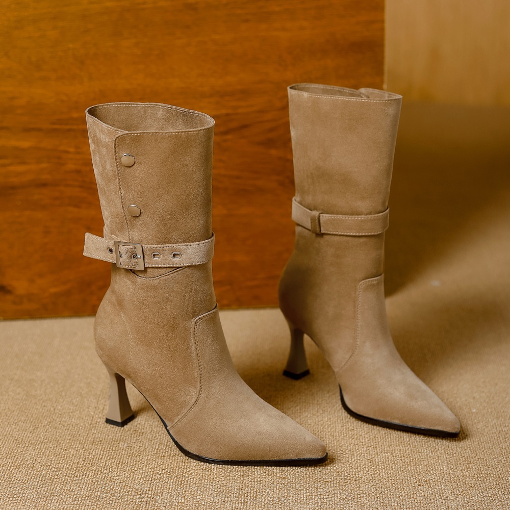 High-heeled wear half Boots denim fine-root boots for women