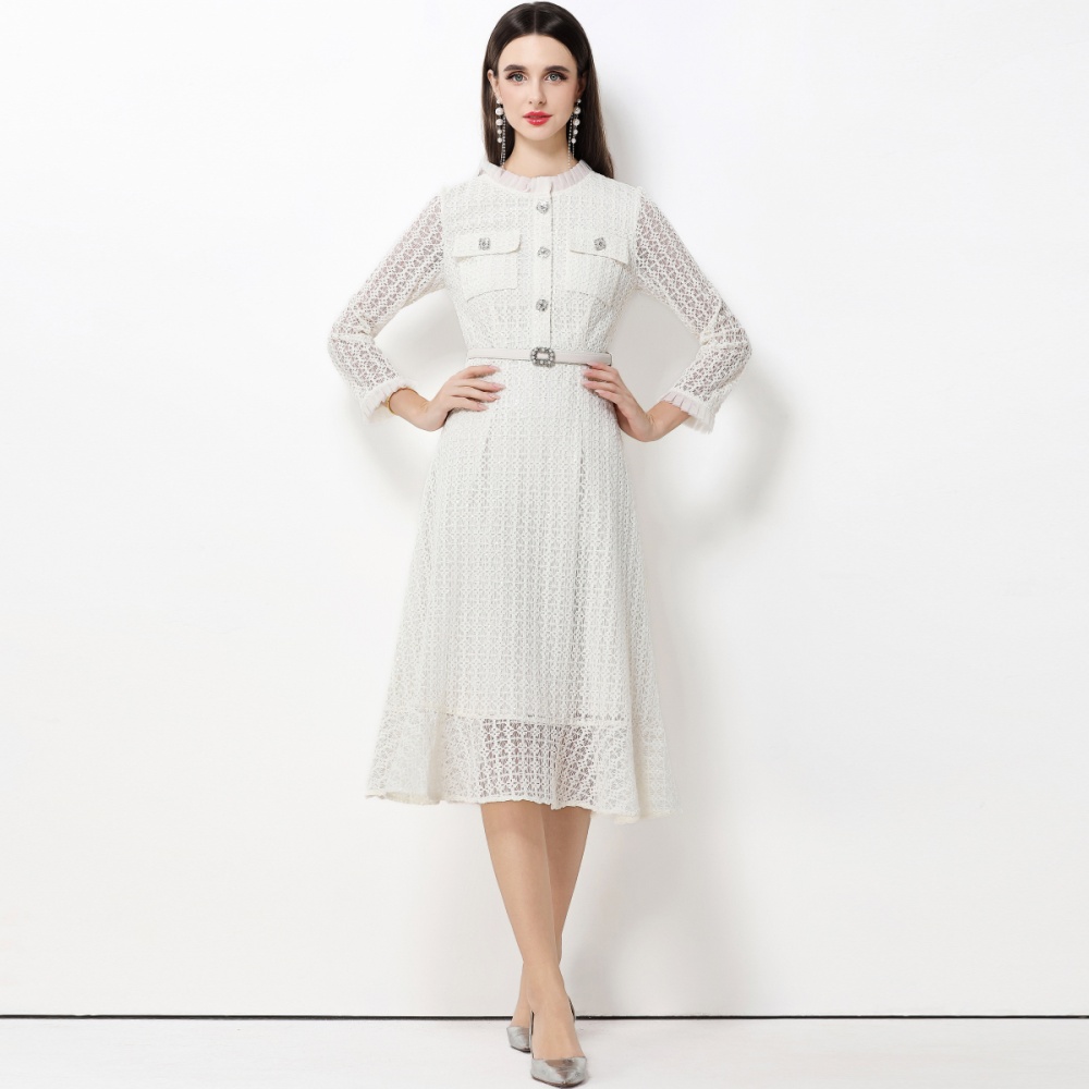 Lace pinched waist long dress slim dress