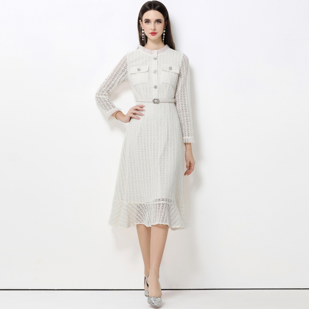 Lace pinched waist long dress slim dress