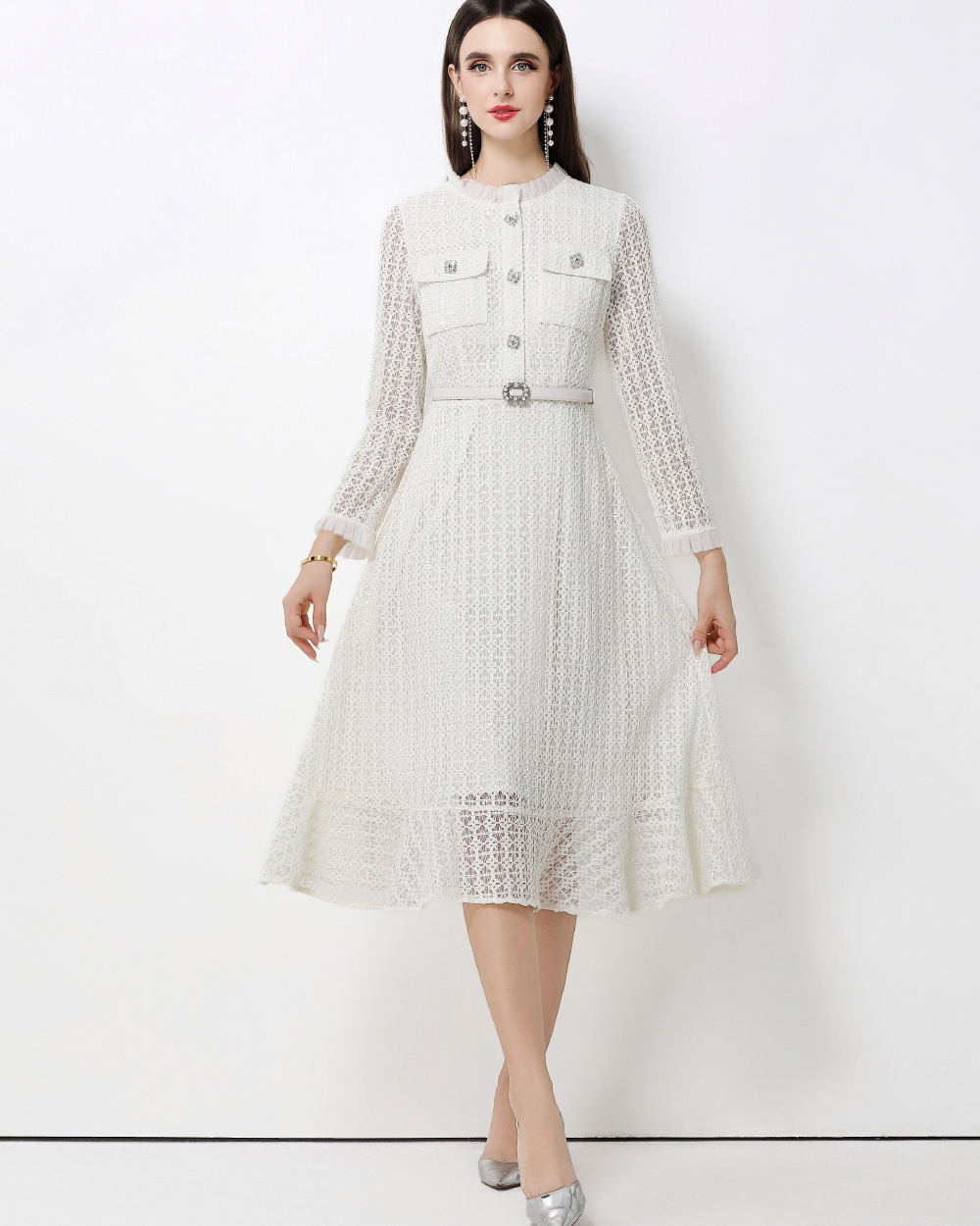 Lace pinched waist long dress slim dress