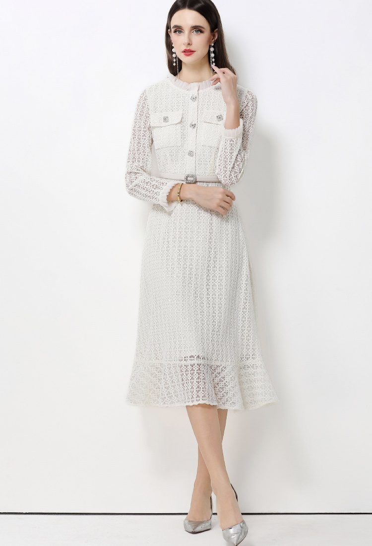 Lace pinched waist long dress slim dress