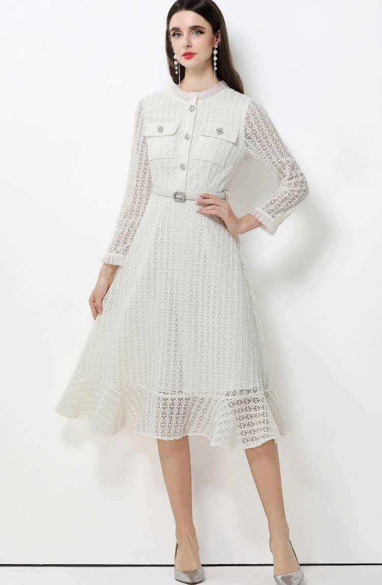 Lace pinched waist long dress slim dress