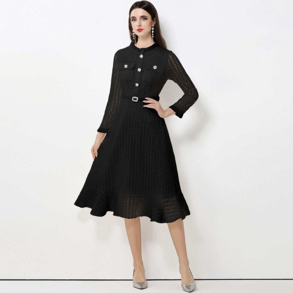 Lace ladies long dress with belt temperament dress for women