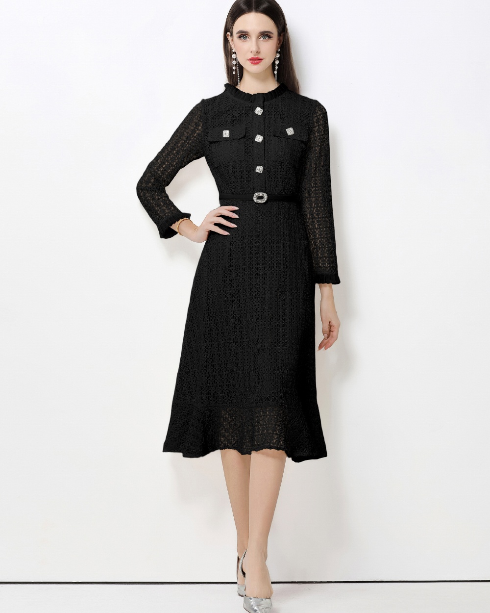 Lace ladies long dress with belt temperament dress for women