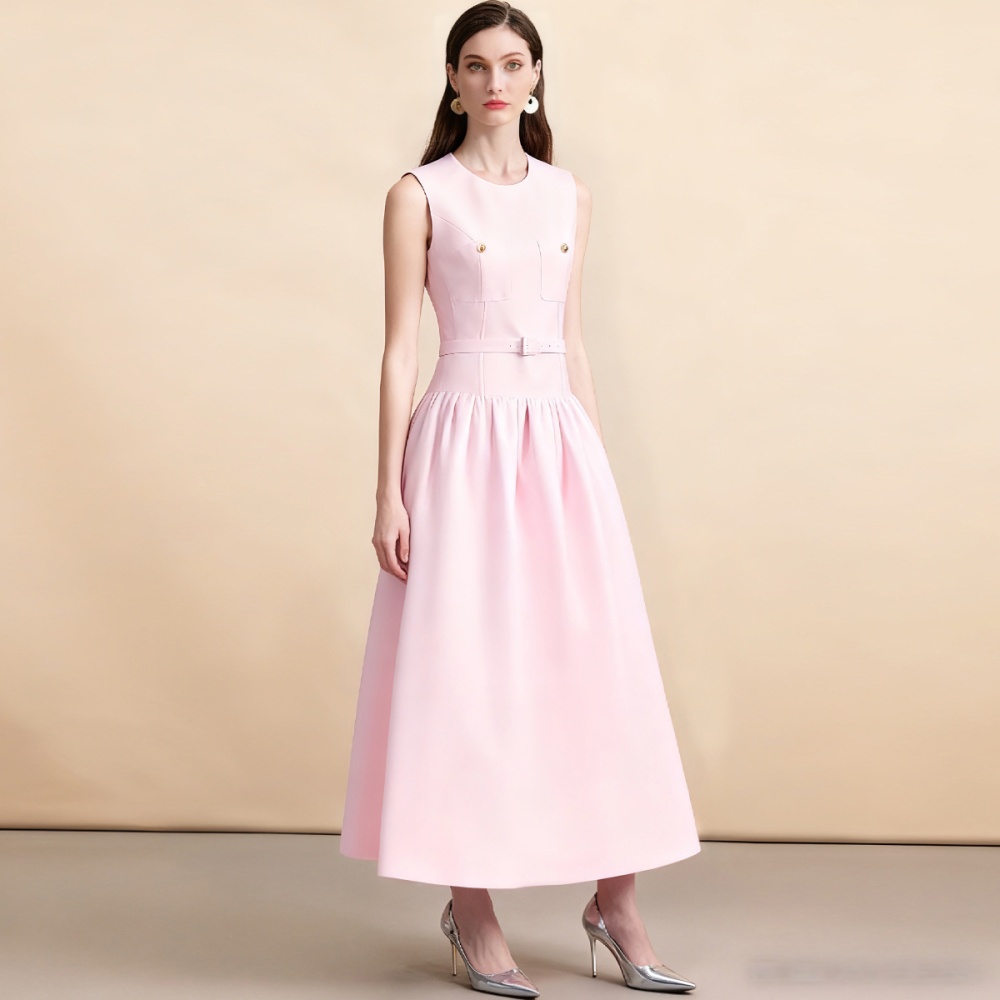 Slim with belt round neck sleeveless dress for women