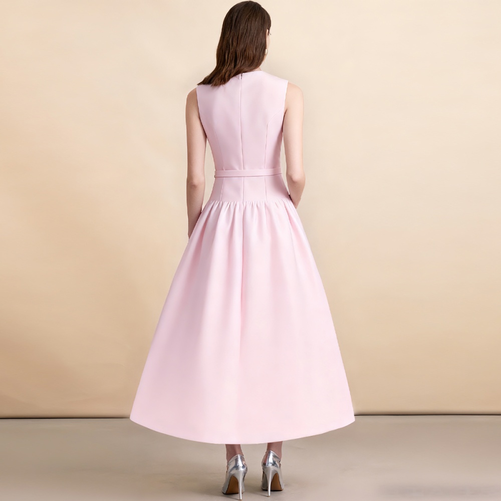 Slim with belt round neck sleeveless dress for women