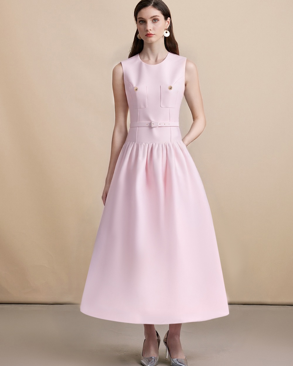 Slim with belt round neck sleeveless dress for women