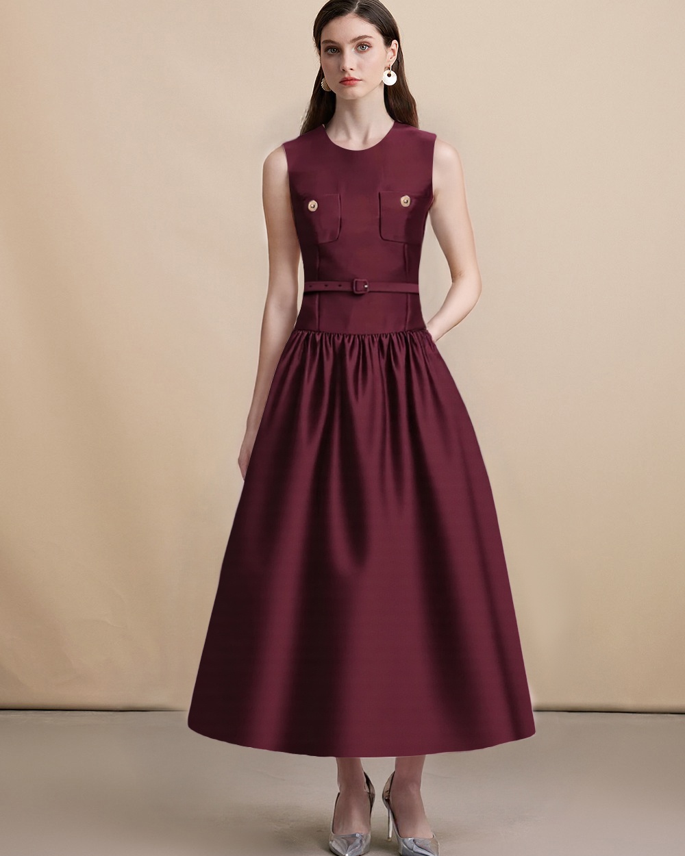 Pinched waist sleeveless France style with belt dress