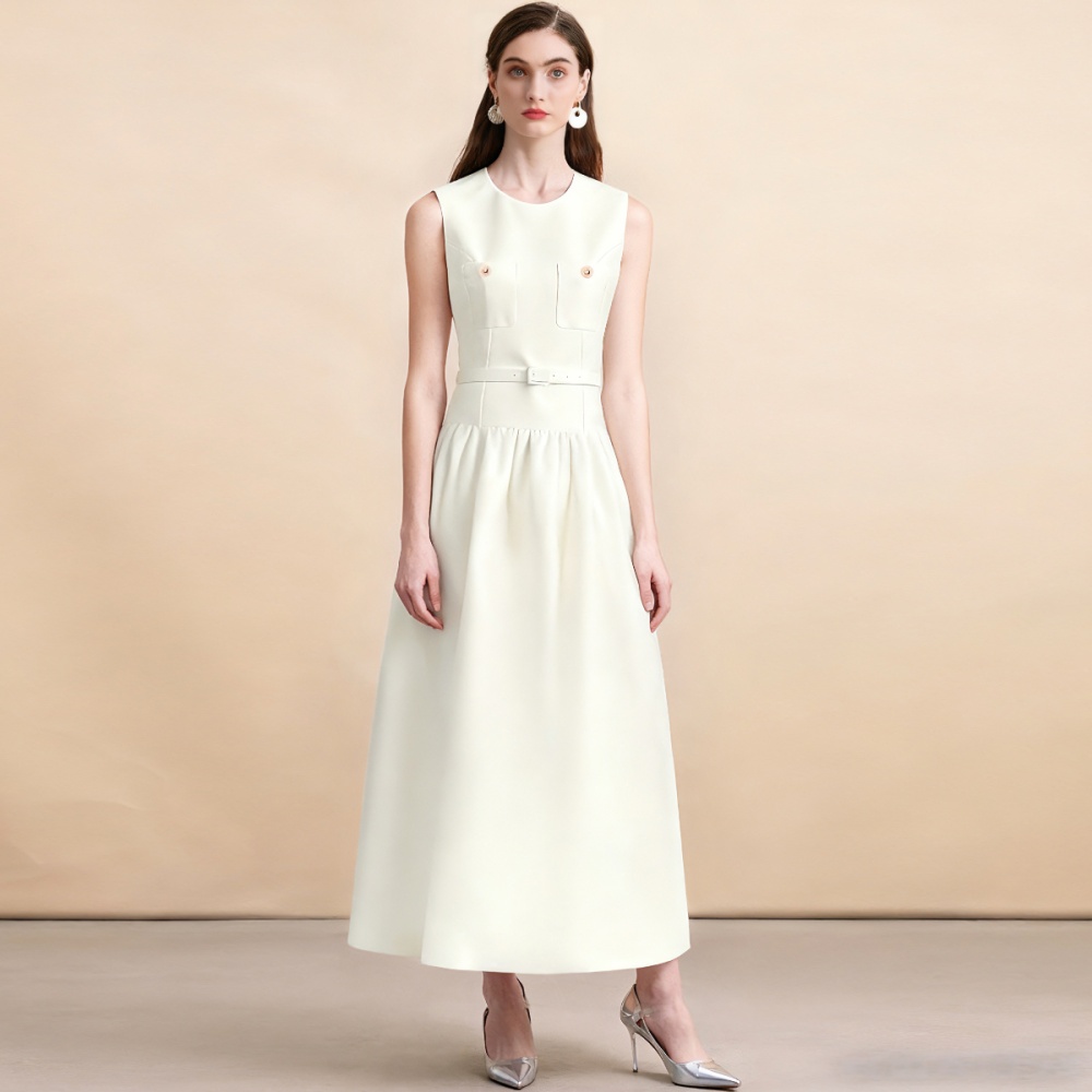 With belt sleeveless slim France style dress for women