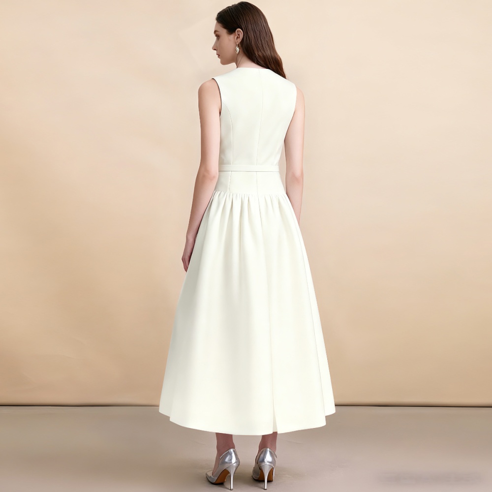 With belt sleeveless slim France style dress for women