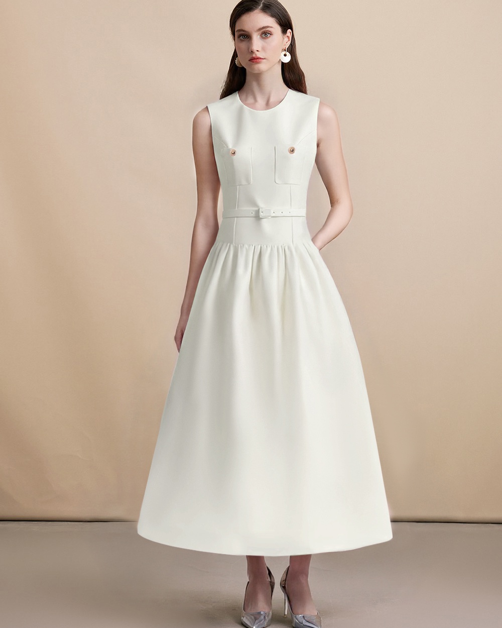 With belt sleeveless slim France style dress for women