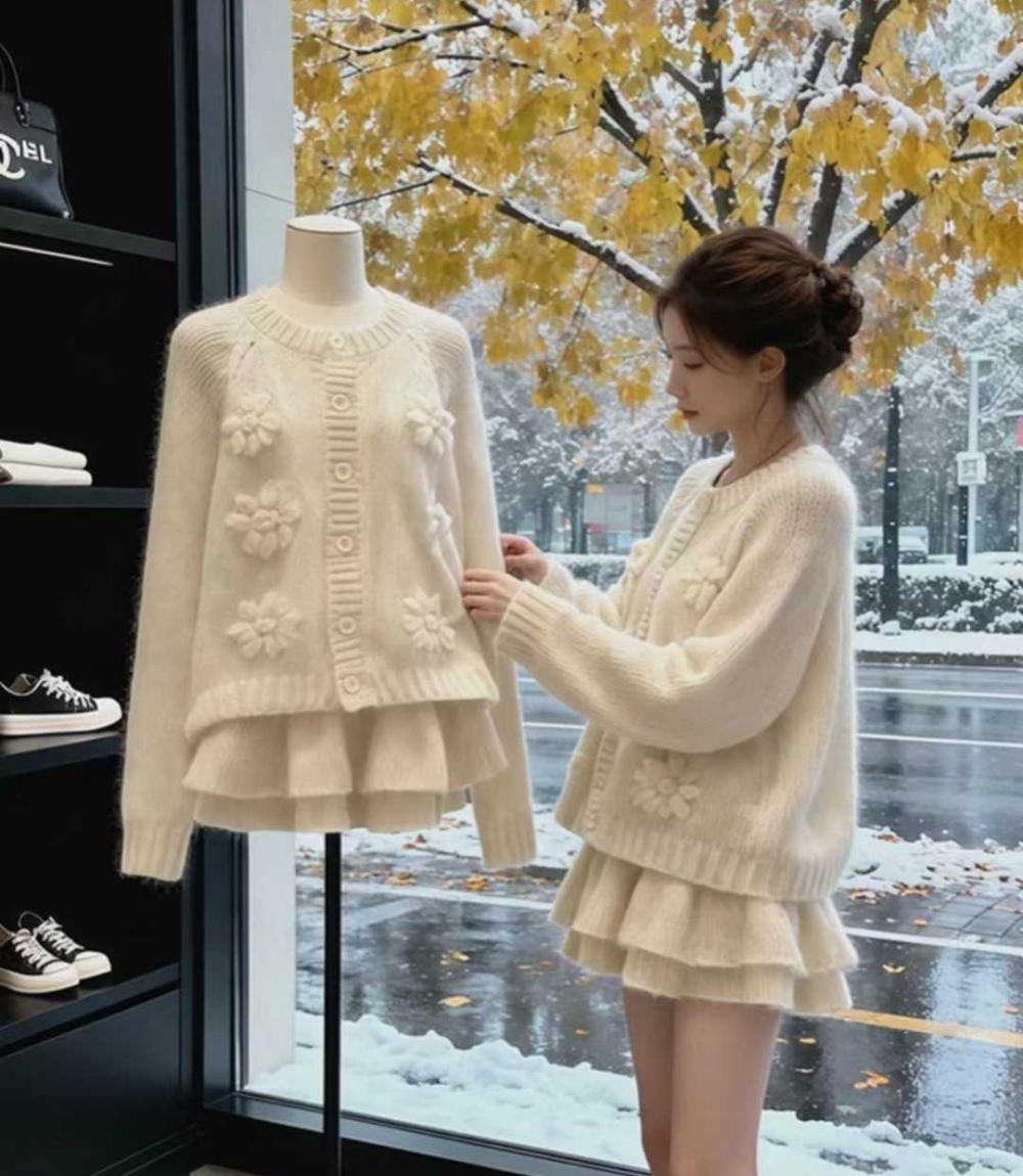 Flowers short skirt Western style cardigan 2pcs set