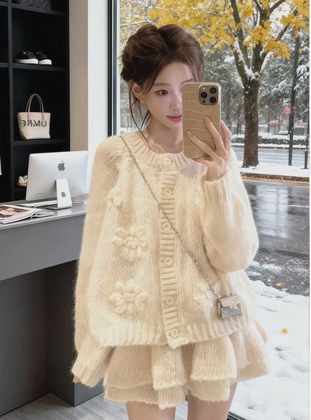 Flowers short skirt Western style cardigan 2pcs set