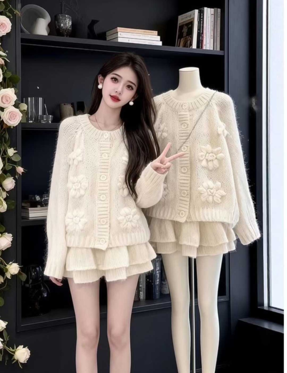 Flowers short skirt Western style cardigan 2pcs set