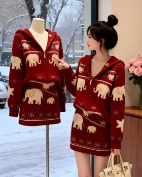 Autumn and winter knitted skirt lazy red tops 2pcs set