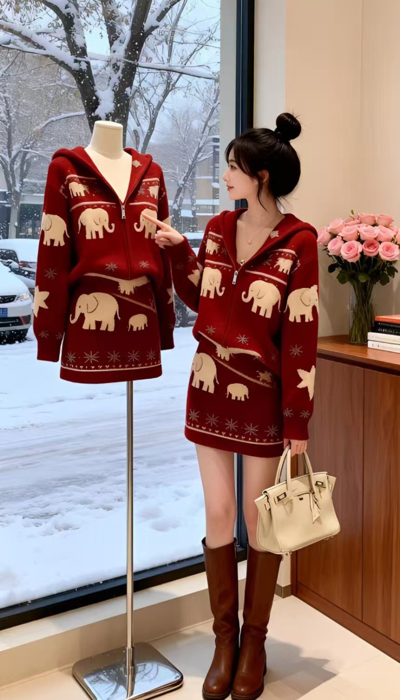 Autumn and winter knitted skirt lazy red tops 2pcs set