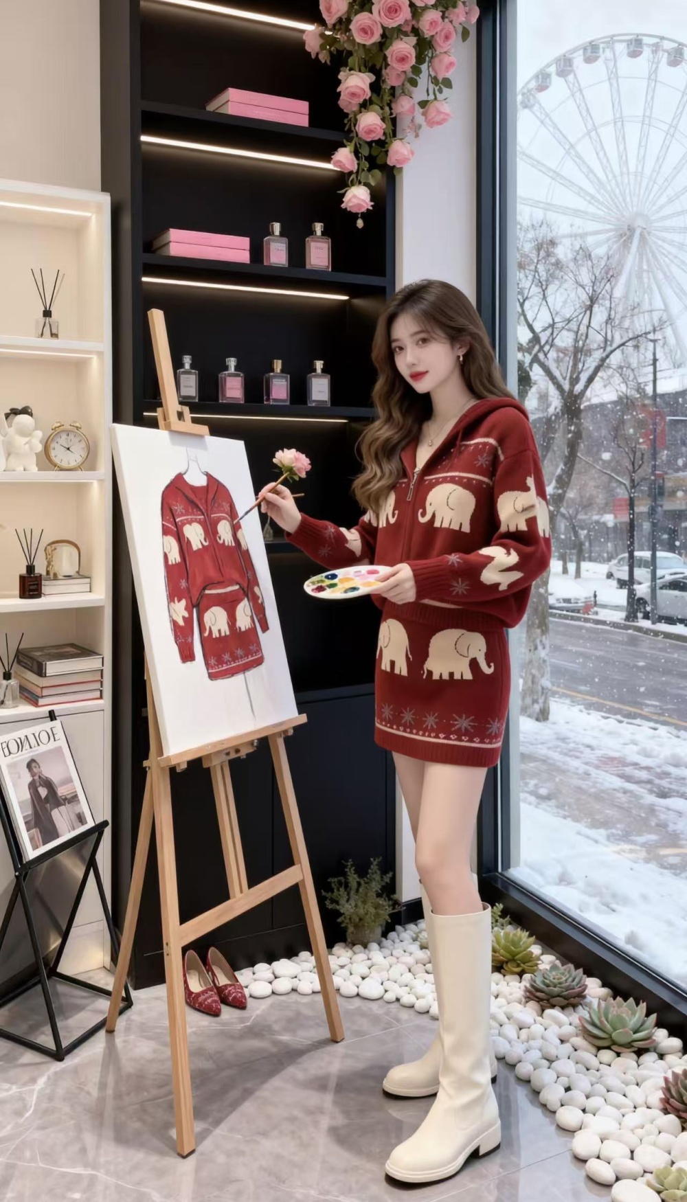 Autumn and winter knitted skirt lazy red tops 2pcs set