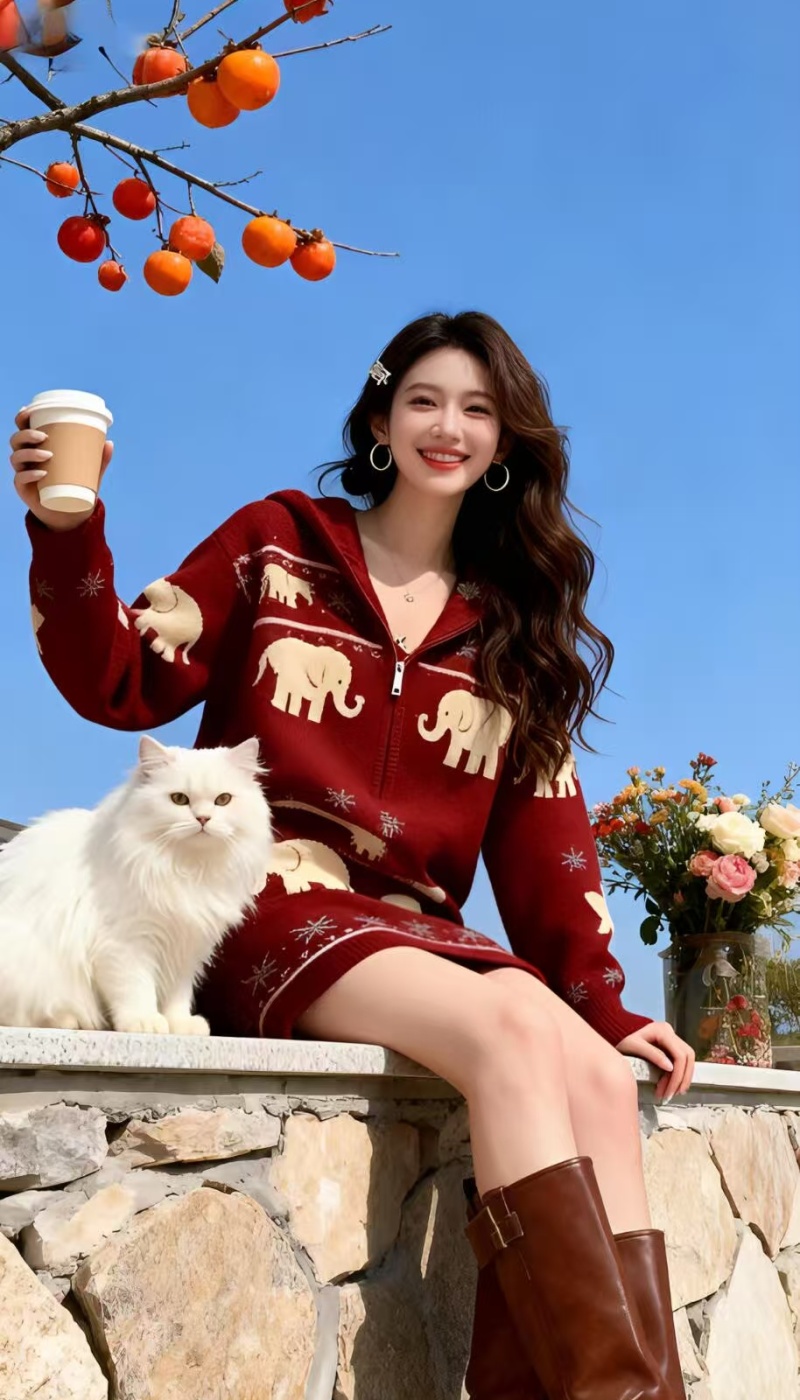 Autumn and winter knitted skirt lazy red tops 2pcs set